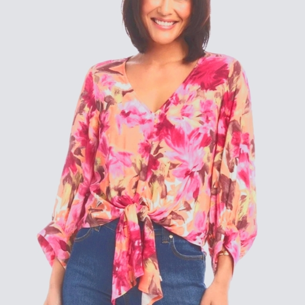 NWT Karen Kane Floral Pretty In Pink V-Neckline,Blouson Sleeves Top Large Petite